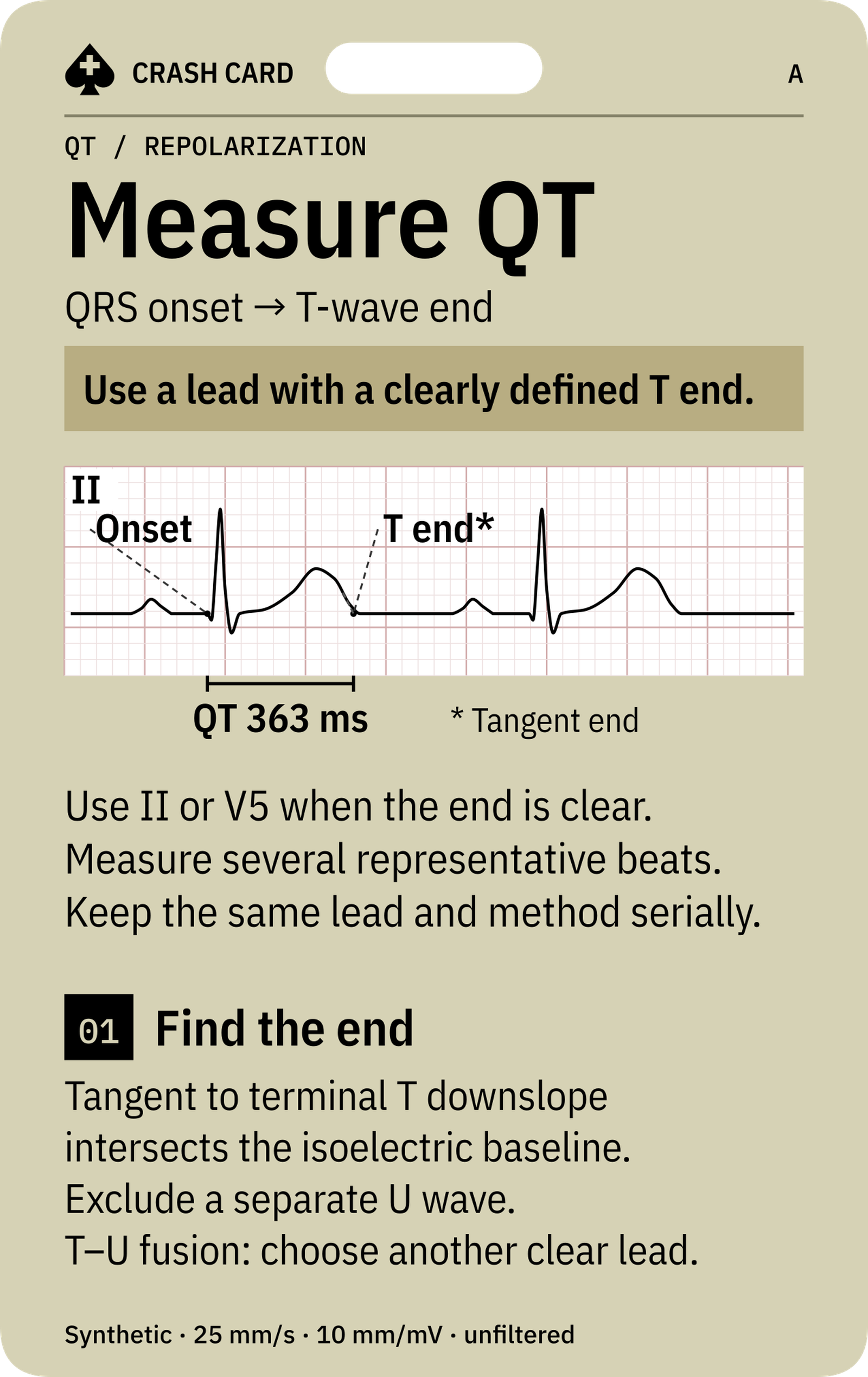 QT & Repolarization — front: QRS-onset and tangent-end pointers with calibrated examples