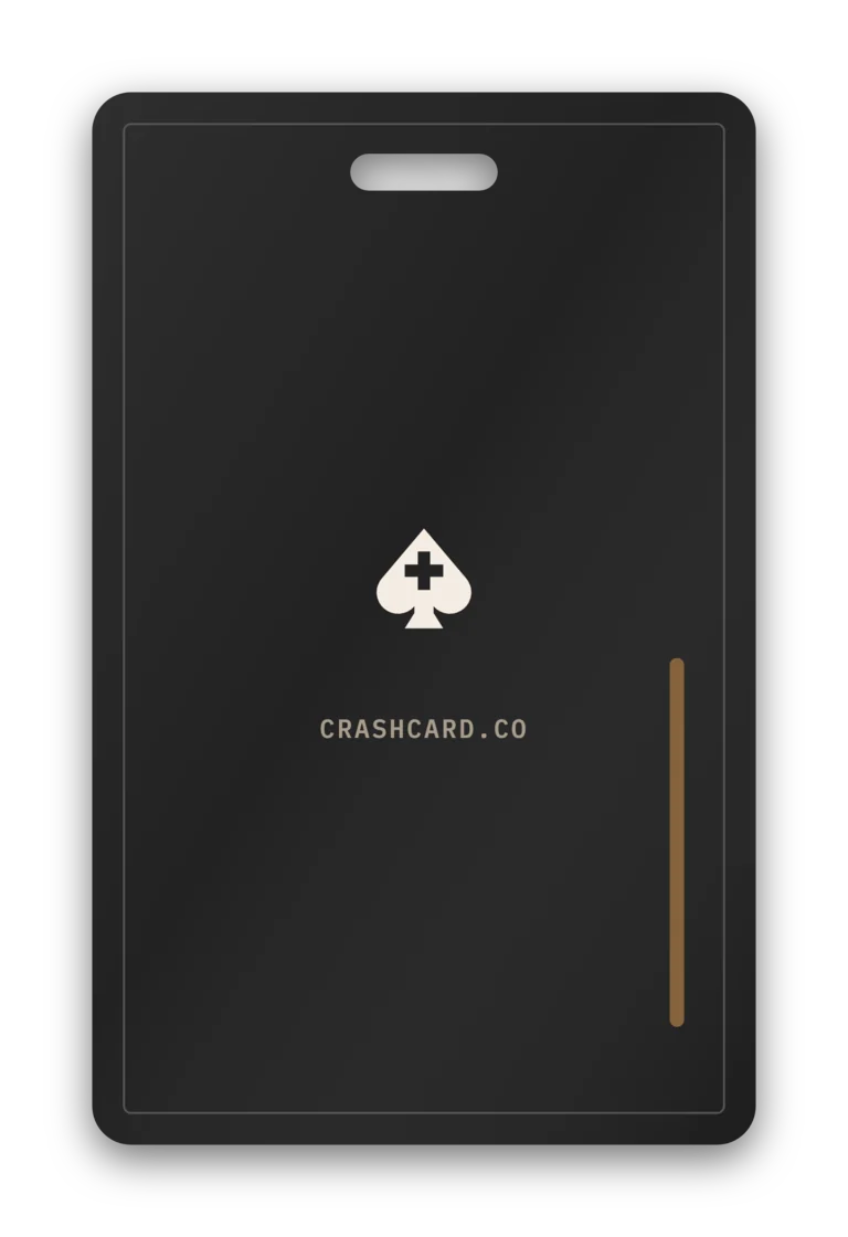 The blank Crash Card badge back: the bone spade mark centered above the crashcard.co handle.
