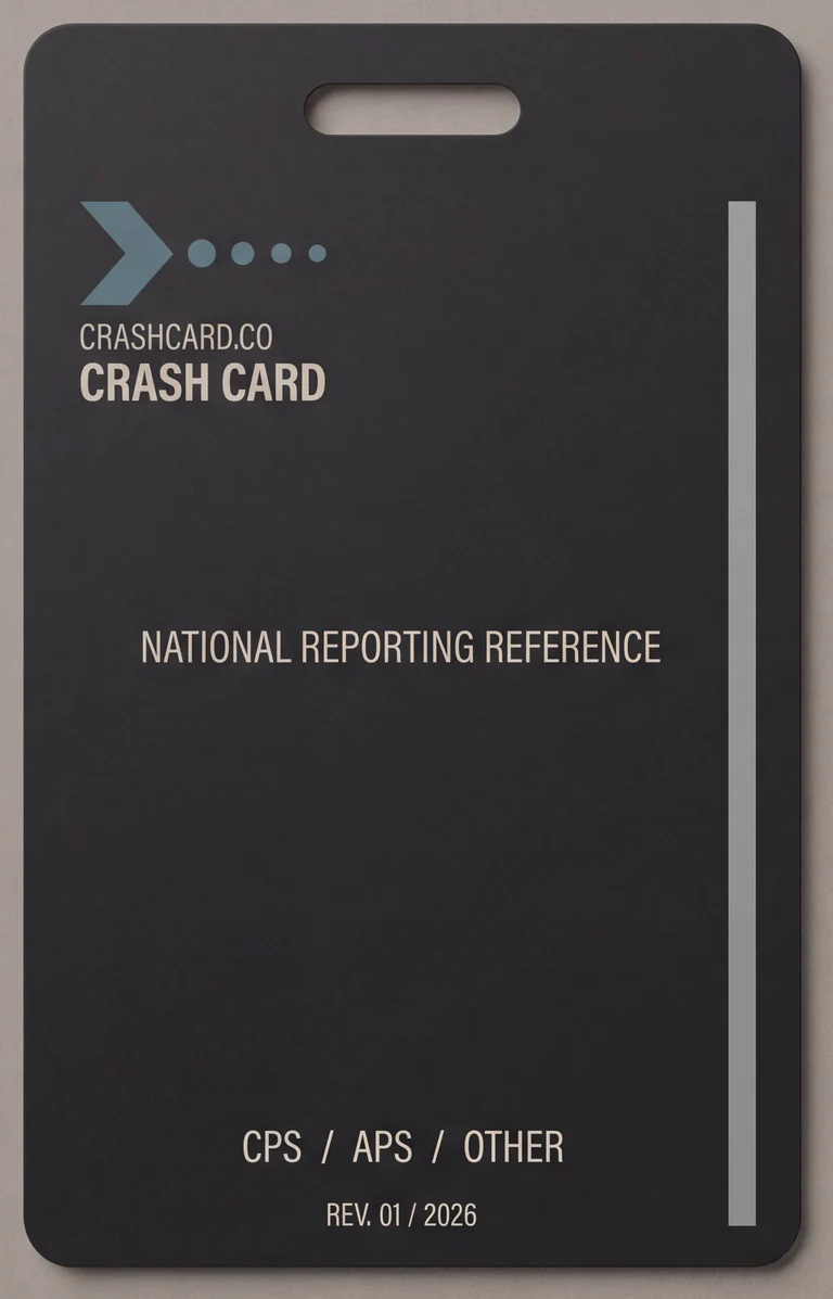 The duty badge front: a matte black vertical card with the petrol handoff mark, CRASHCARD.CO, and the title NATIONAL REPORTING REFERENCE.