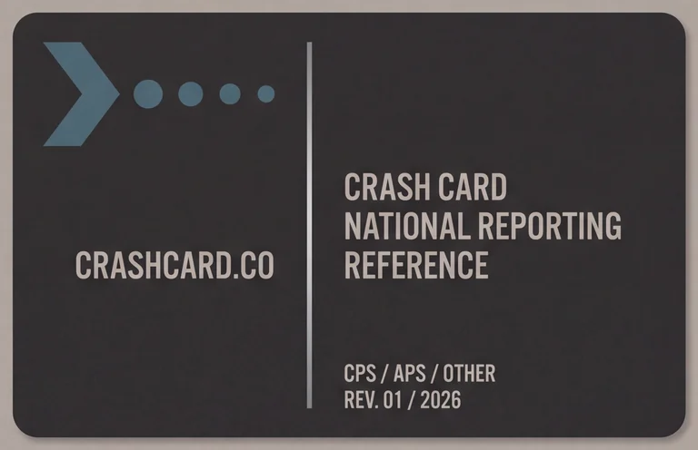 The handout front: a matte black landscape card with the petrol handoff mark, CRASHCARD.CO, and the title NATIONAL REPORTING REFERENCE.