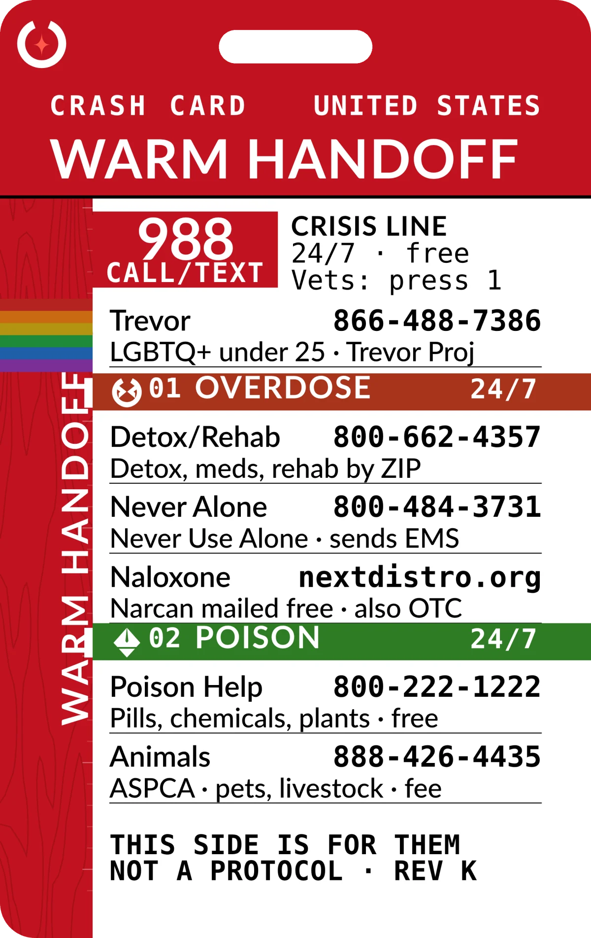 Front face of the WARM HANDOFF badge. A red header carries the Crash Card sigil, the words CRASH CARD and UNITED STATES, and the card name WARM HANDOFF in large white type. Below it on white: a red 988 panel reading CALL/TEXT beside CRISIS LINE, 24/7, free, Vets press 1; then the Trevor Project line for LGBTQ+ under 25; then two coloured station bars, 01 OVERDOSE and 02 POISON, listing five national lines. Each line gives a name, a number or web address, and one line saying what it does. The foot reads THIS SIDE IS FOR THEM, NOT A PROTOCOL, REV K.